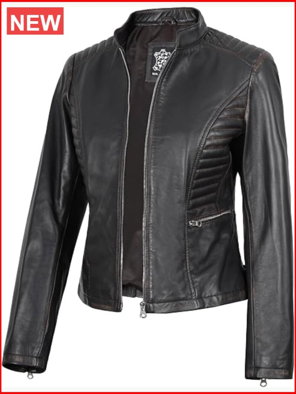 Real Lambskin Leather Jacket - Cafe Racer with Quilted Shoulders